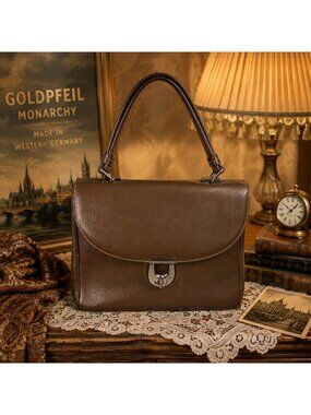Vintage 70s Goldpfeil Heavy Brass Hardware Brown Leather Handbag Purse Bag
